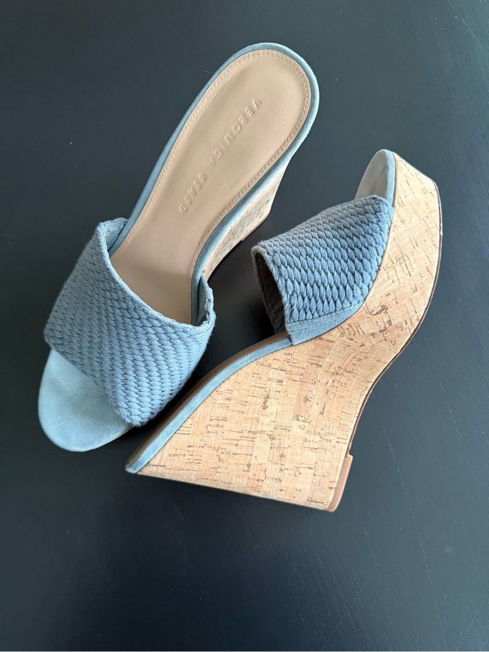 Veronica Beard Blue Woven Cork Wedge Slides